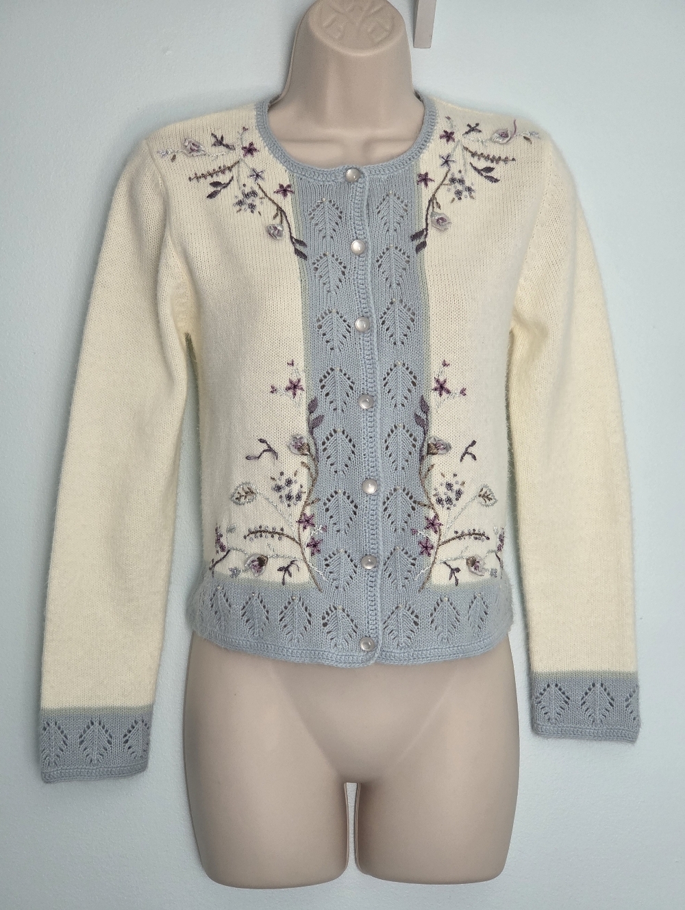 Koret Petites Cream & Blue Floral Embroidered Cardigan